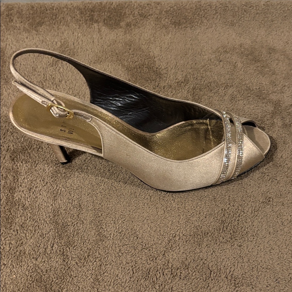 Stuart Weitzman Gold Peep-Toe Slingback Heels with Rhinestone Accents - Size 9 - Picture 4 of 8